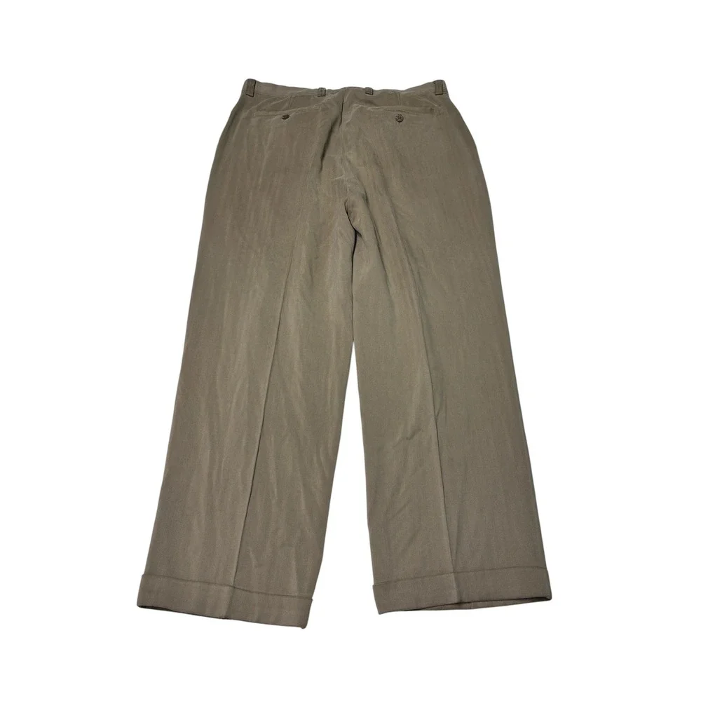 Tommy Bahama 100% Silk Pleated Herringbone Trousers Mens 35X27 Khaki Cuffed Wide